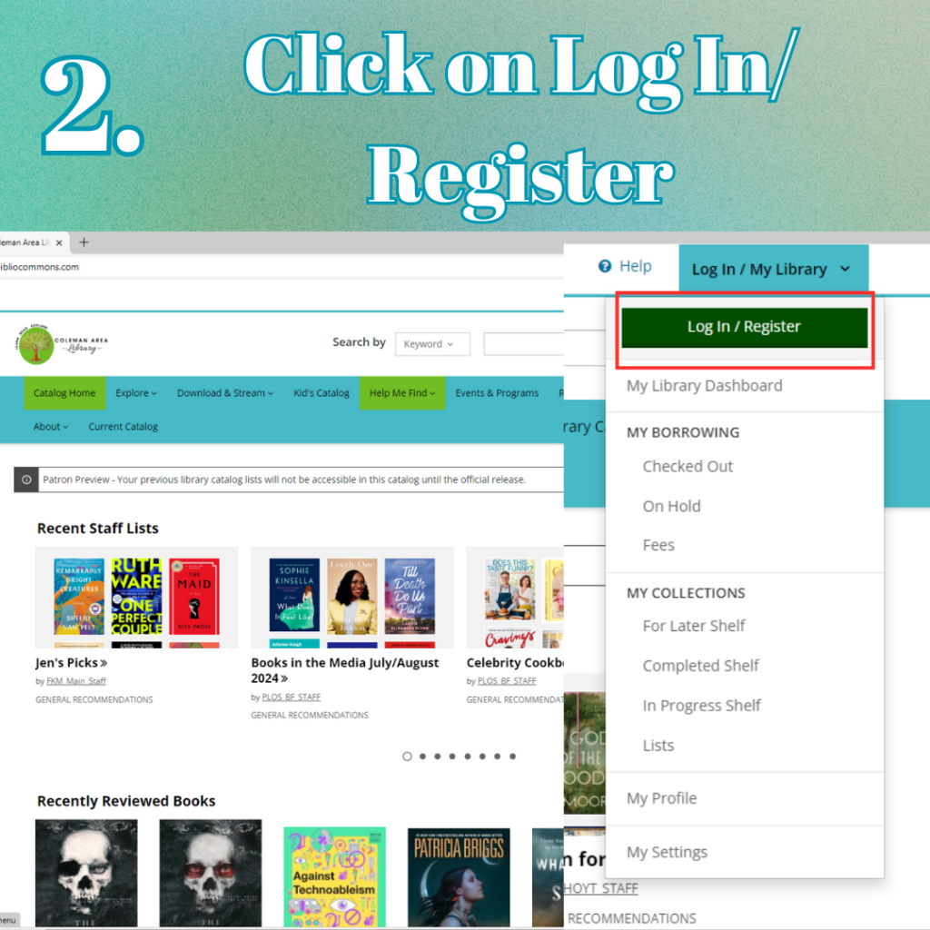 2. Click on Log In / Register. Image shows "log in / register" button in drop down menu under "Log In / My Library" button.